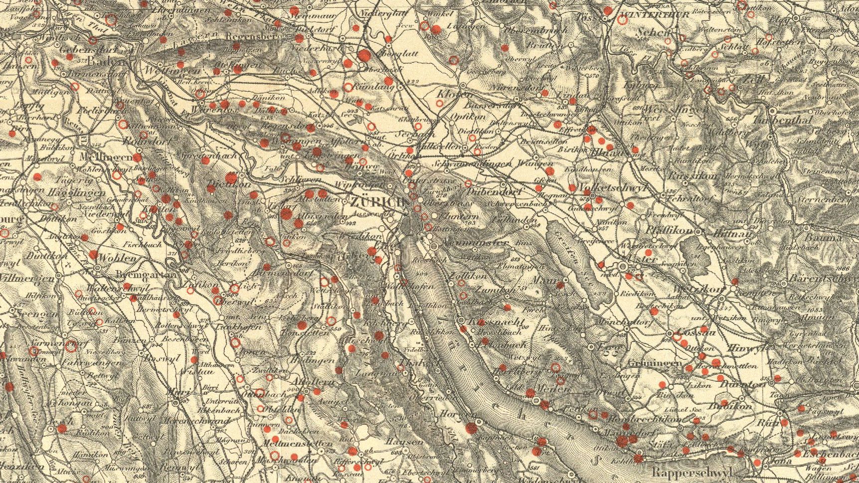 Ausschnittt aus der Karte der Veränderungen in der Verbreitung des Reblandes der Nordostschweiz