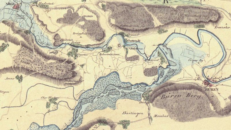 Ausschnittt aus der Karte "Das Berner Seeland und die I. Juragewässerkorrektion (1868–1891)"